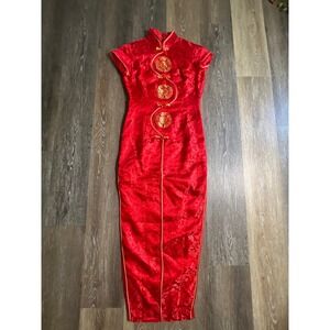 Cheongsam Qipao Dress Women 34 Red Excellent Floral Brocade Maxi